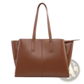 Brown leather tote bag with structured design and dual top handles ideal for large capacity casual shopper use