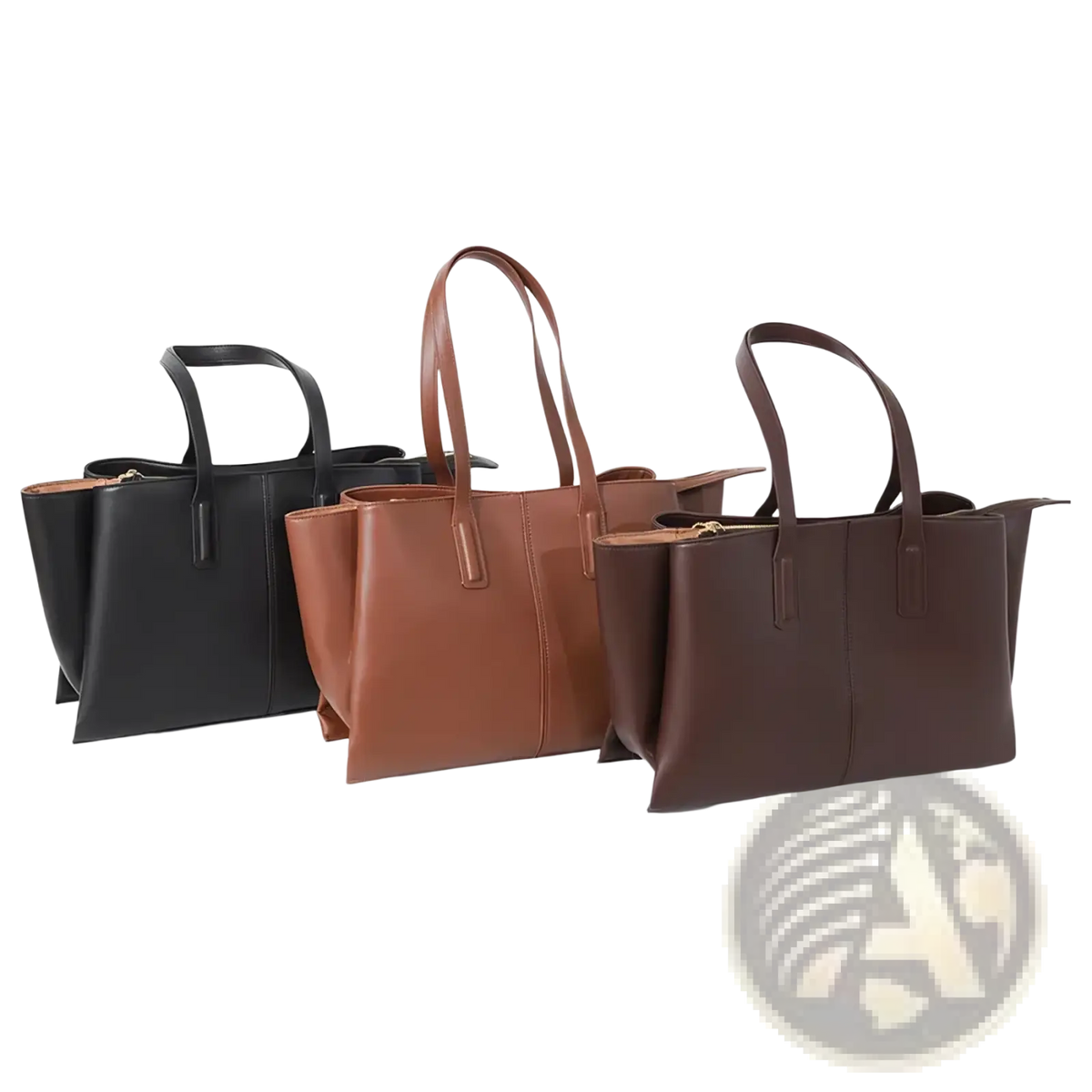Three minimalist tote bags in black tan and dark brown leather with structured shapes and top handles for casual use