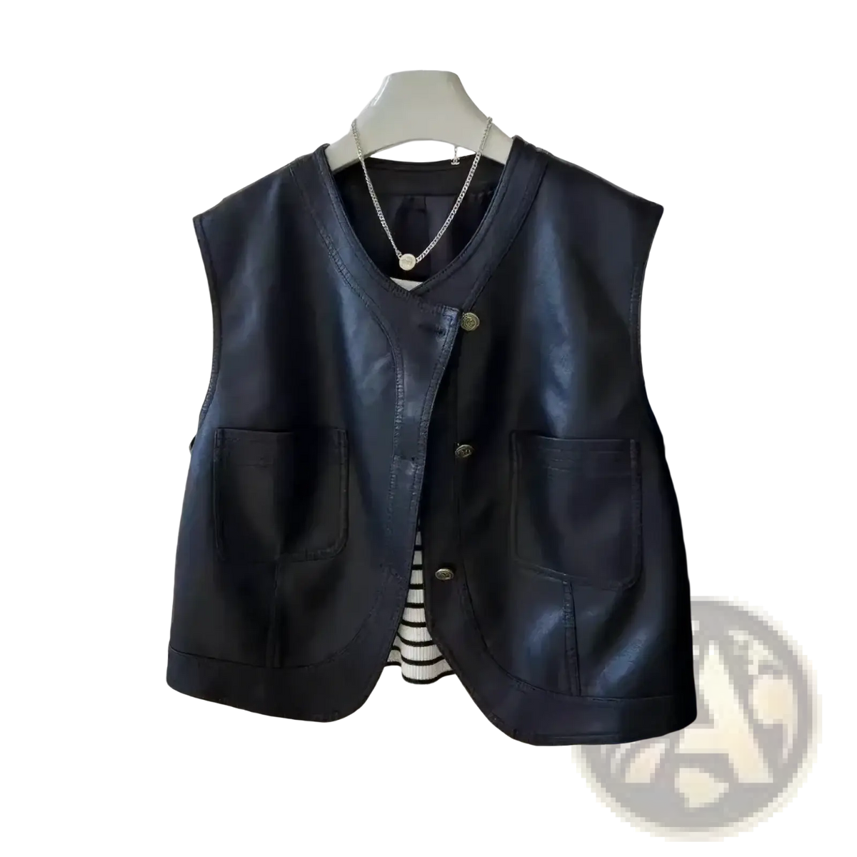 Black faux leather vest with front button closure and two side pockets for women retro outerwear