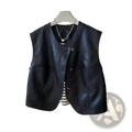 Black faux leather vest with front button closure and two patch pockets in brown leather vest women retro style