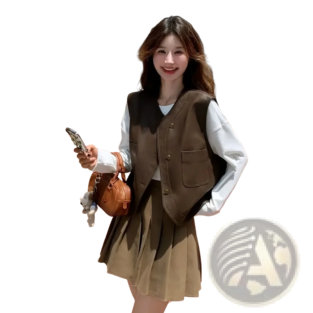 Brown leather vest women retro with front button closure and two side pockets for stylish outerwear use