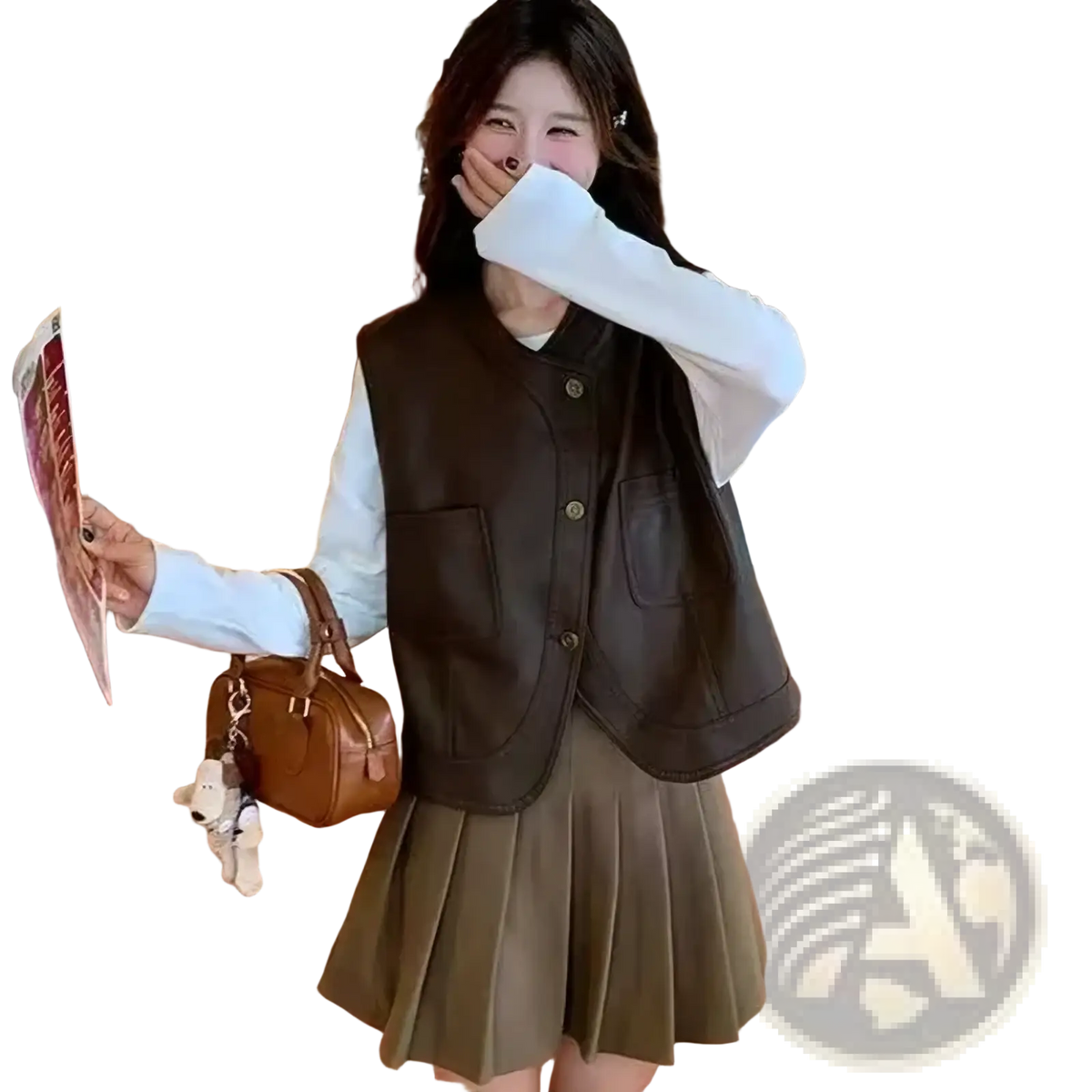 Brown leather vest women retro buttoned outerwear with front buttons and two side pockets made of leather