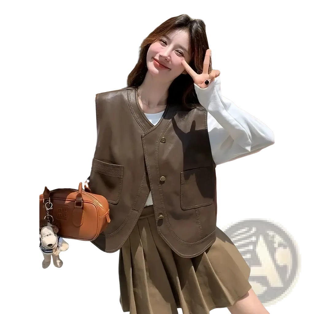 Brown leather vest for women with front buttons and two side pockets retro styled outerwear