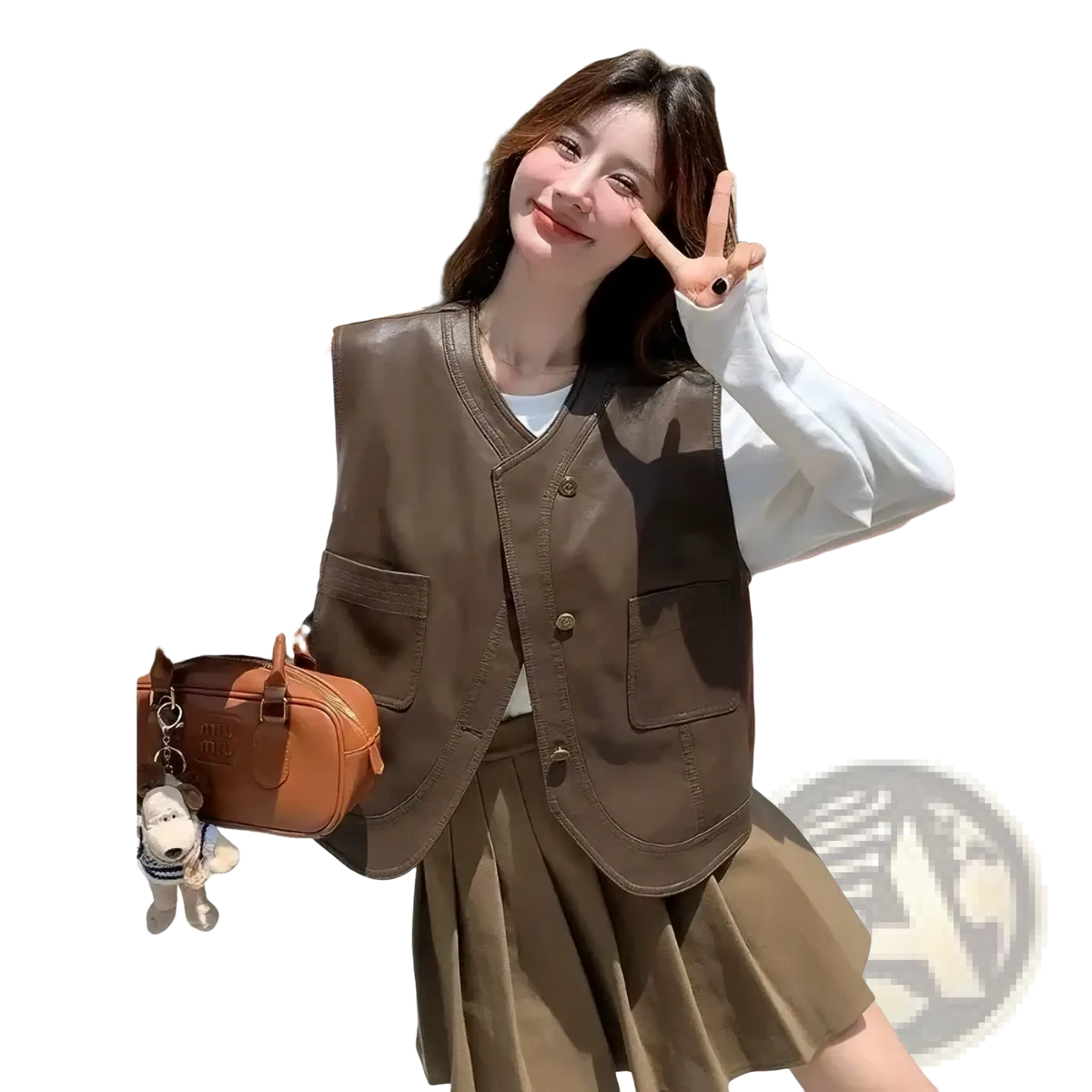 Brown leather vest for women with front buttons and two side pockets retro styled outerwear