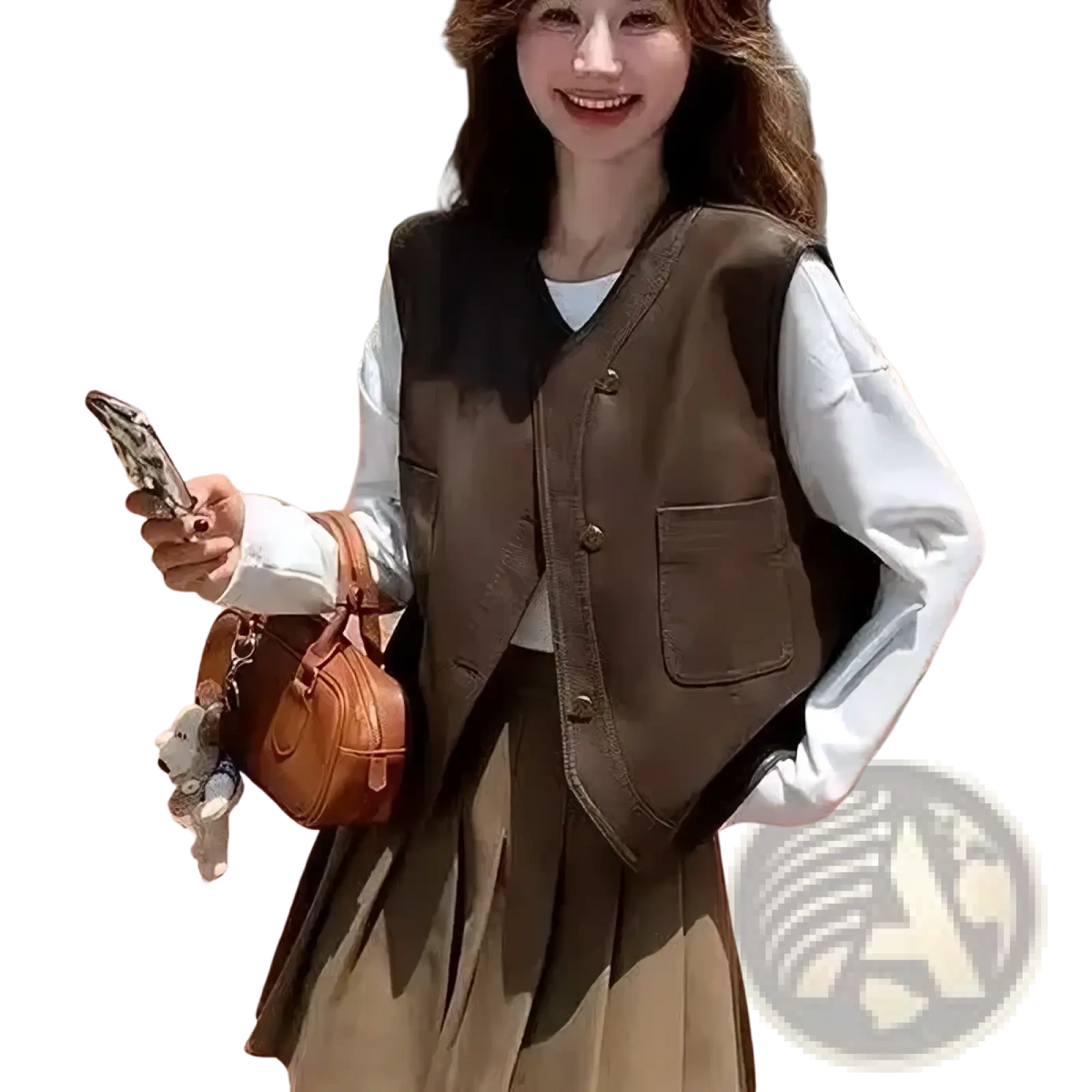 Brown leather vest for women with front buttons and side pockets retro styled outerwear in brown leather material