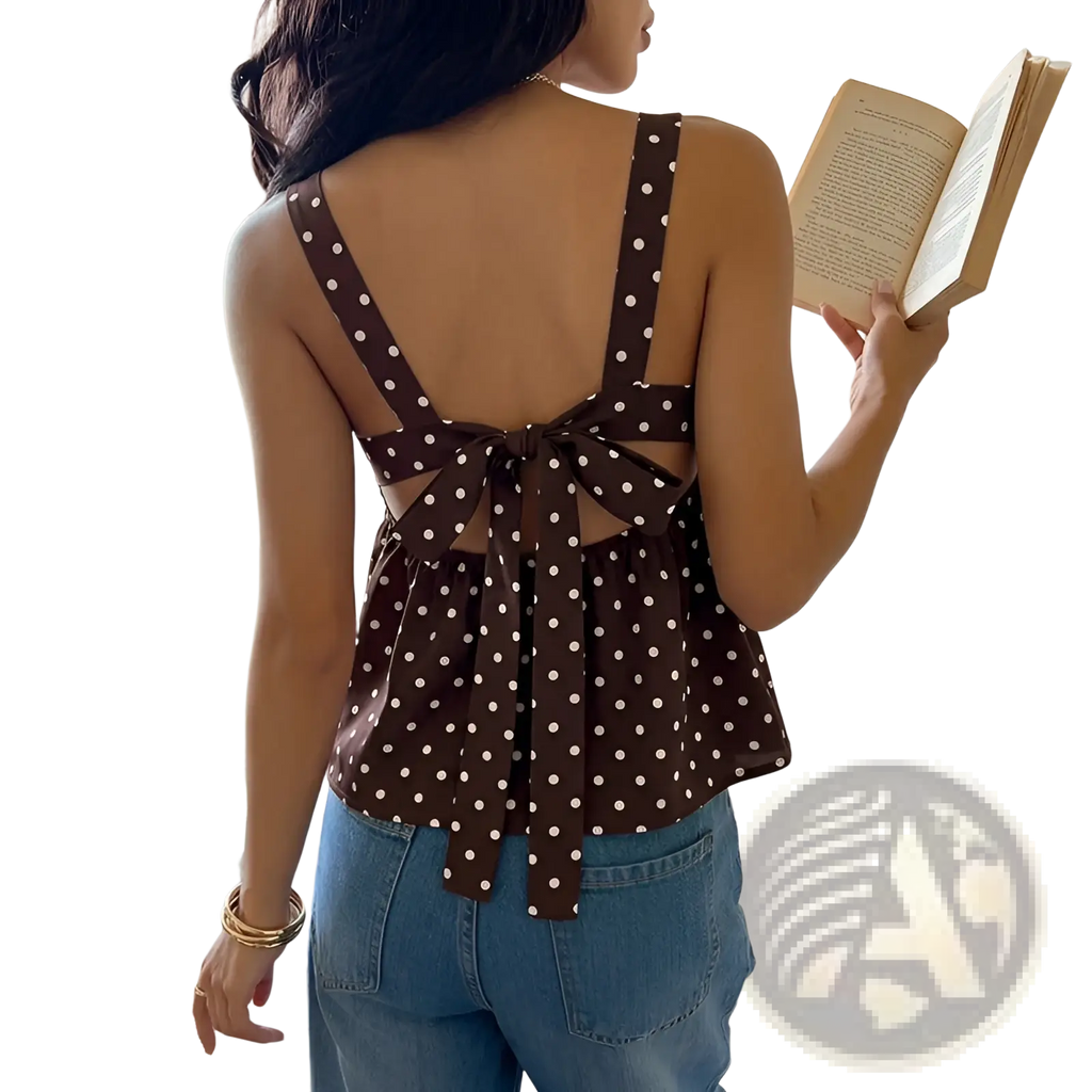 Brown polka dot peplum camisole back view featuring a backless design with a tied bow detail