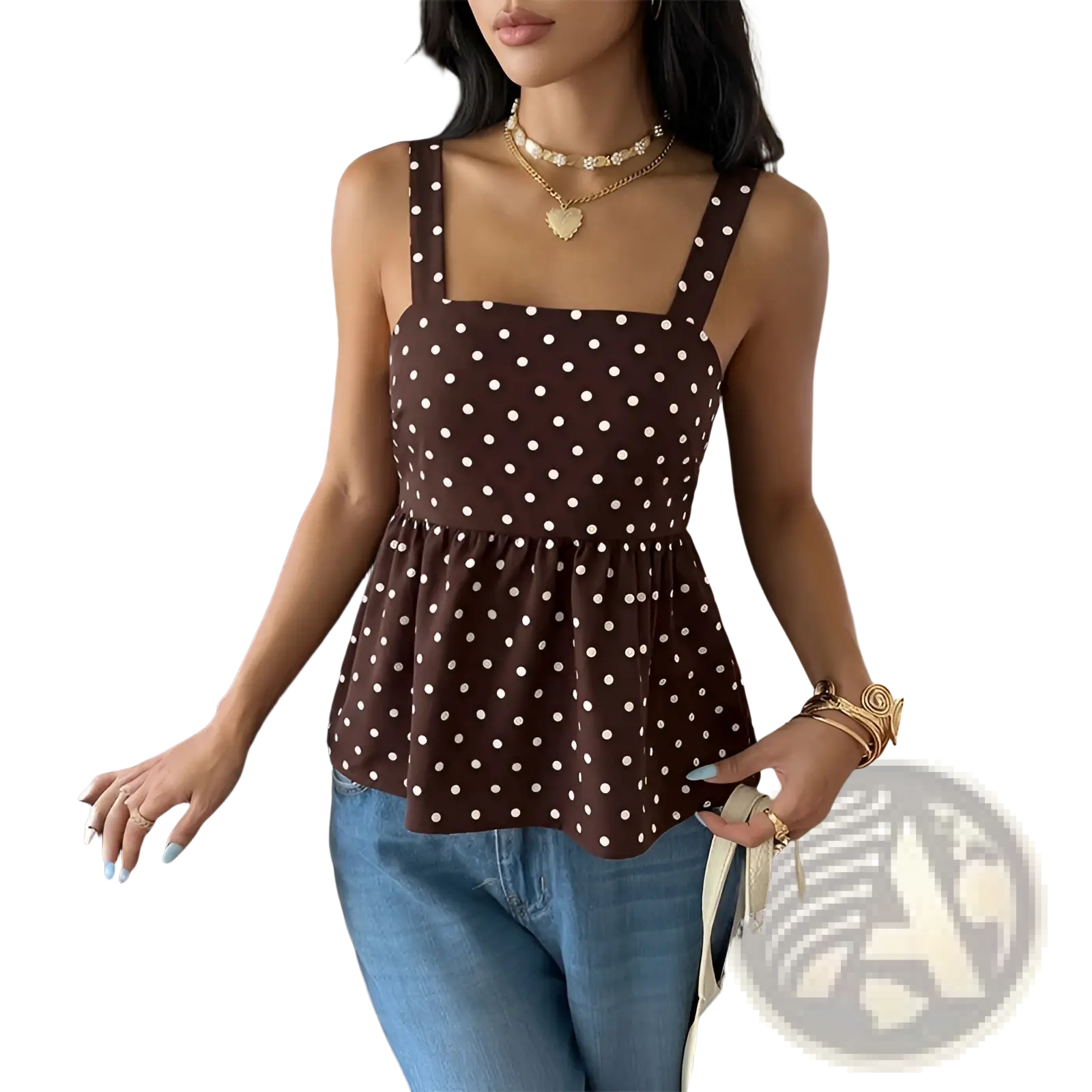 Brown polka dot peplum camisole with white dots and thin straps perfect for casual summer wear