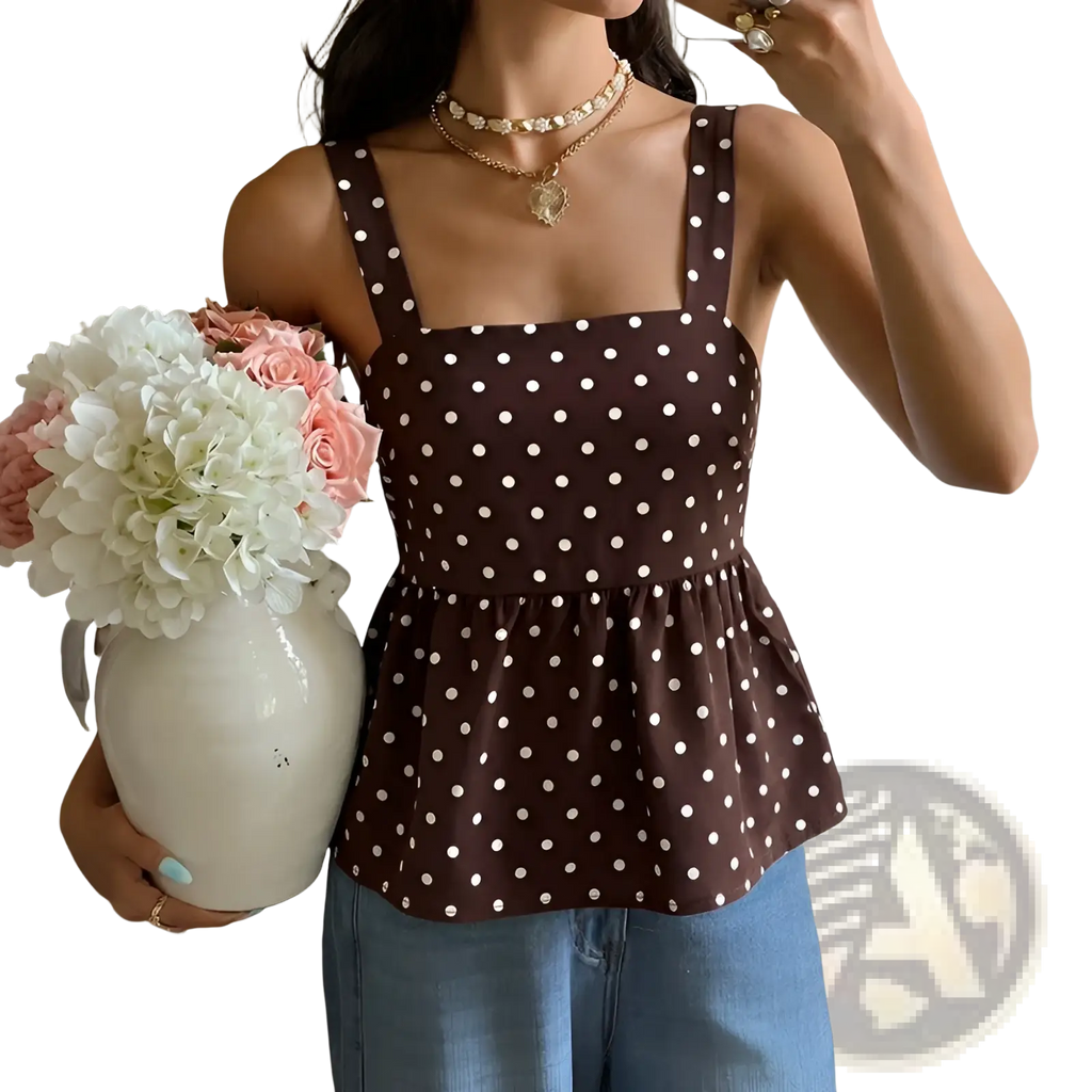 Brown polka dot peplum camisole with white dots and thin straps made of lightweight fabric for casual wear