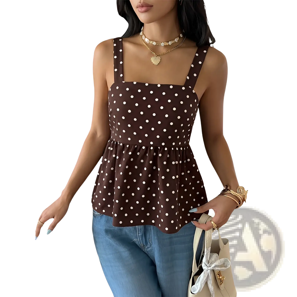 Brown polka dot peplum camisole with white dots and thin straps made from lightweight fabric for casual wear