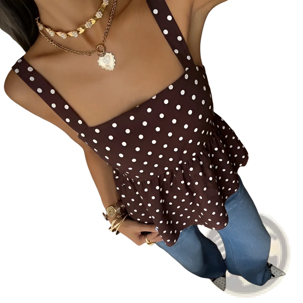 Brown polka dot peplum camisole with white dots and thin straps made of lightweight fabric for casual wear
