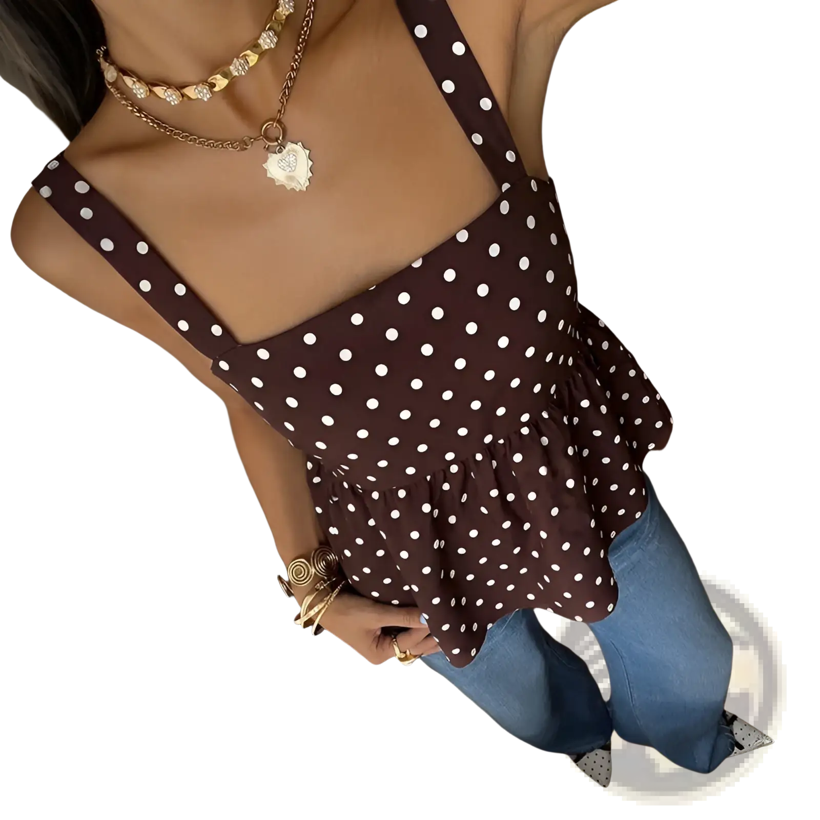 Brown polka dot peplum camisole with white dots and thin straps made of lightweight fabric for casual wear