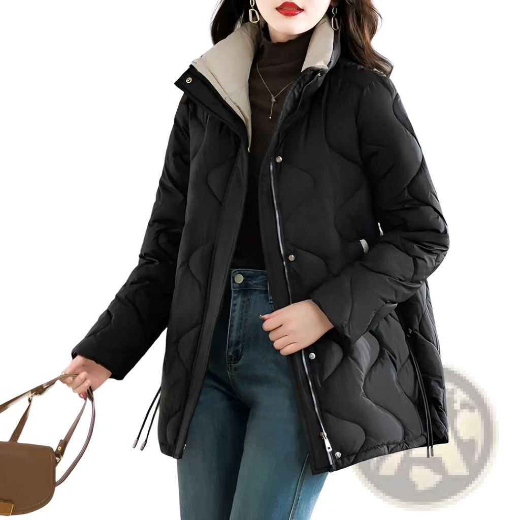 Black quilted cotton padded winter coat with beige-lined hood and silver zipper accents for cold weather use
