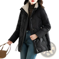 Black quilted cotton padded winter coat with beige-lined hood and silver zipper accents for cold weather use