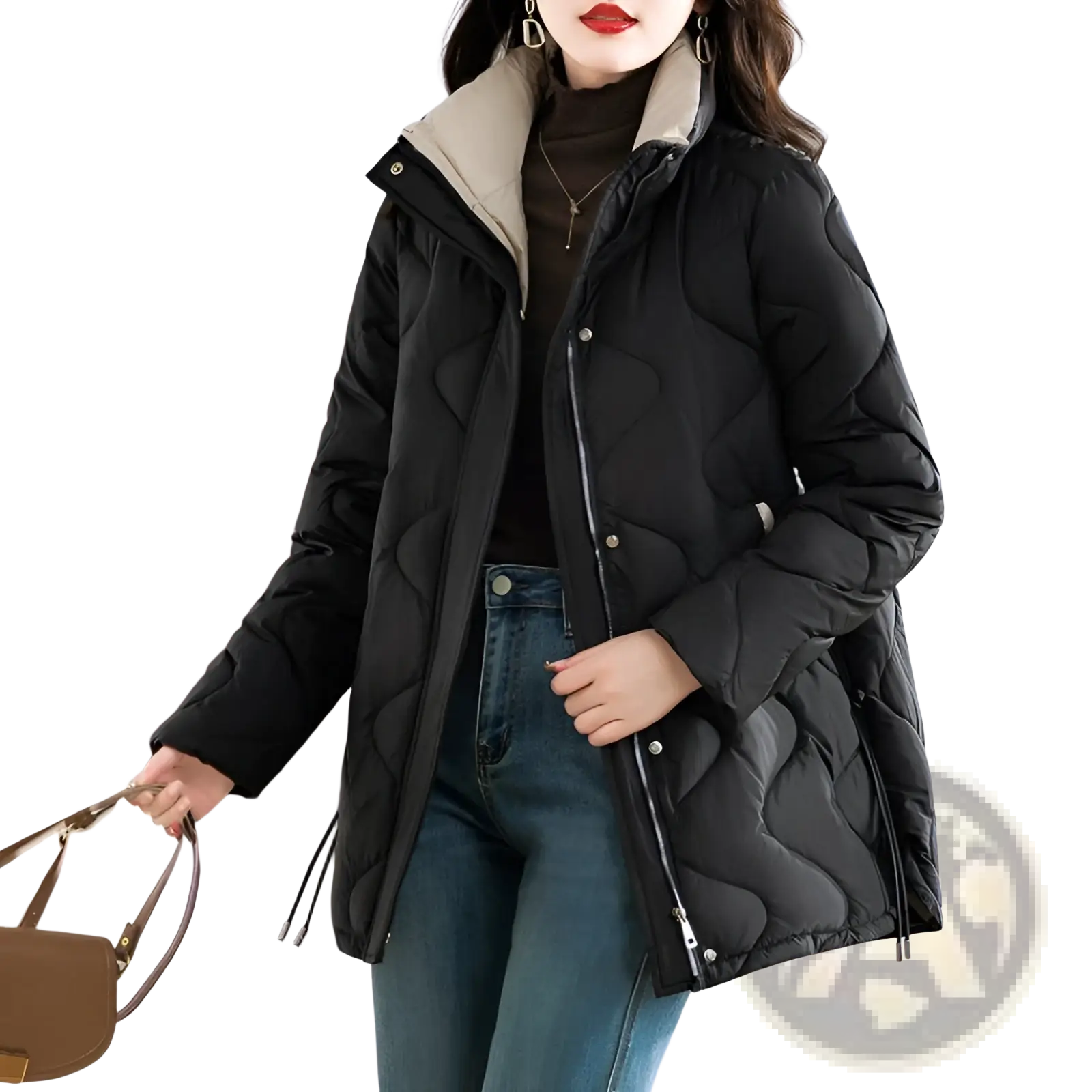 Black quilted cotton padded winter coat with beige-lined hood and silver zipper accents for cold weather use