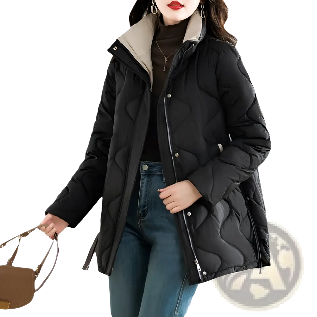 Brown quilted cotton padded winter coat with black quilted puffer exterior beige lining and silver zipper accents