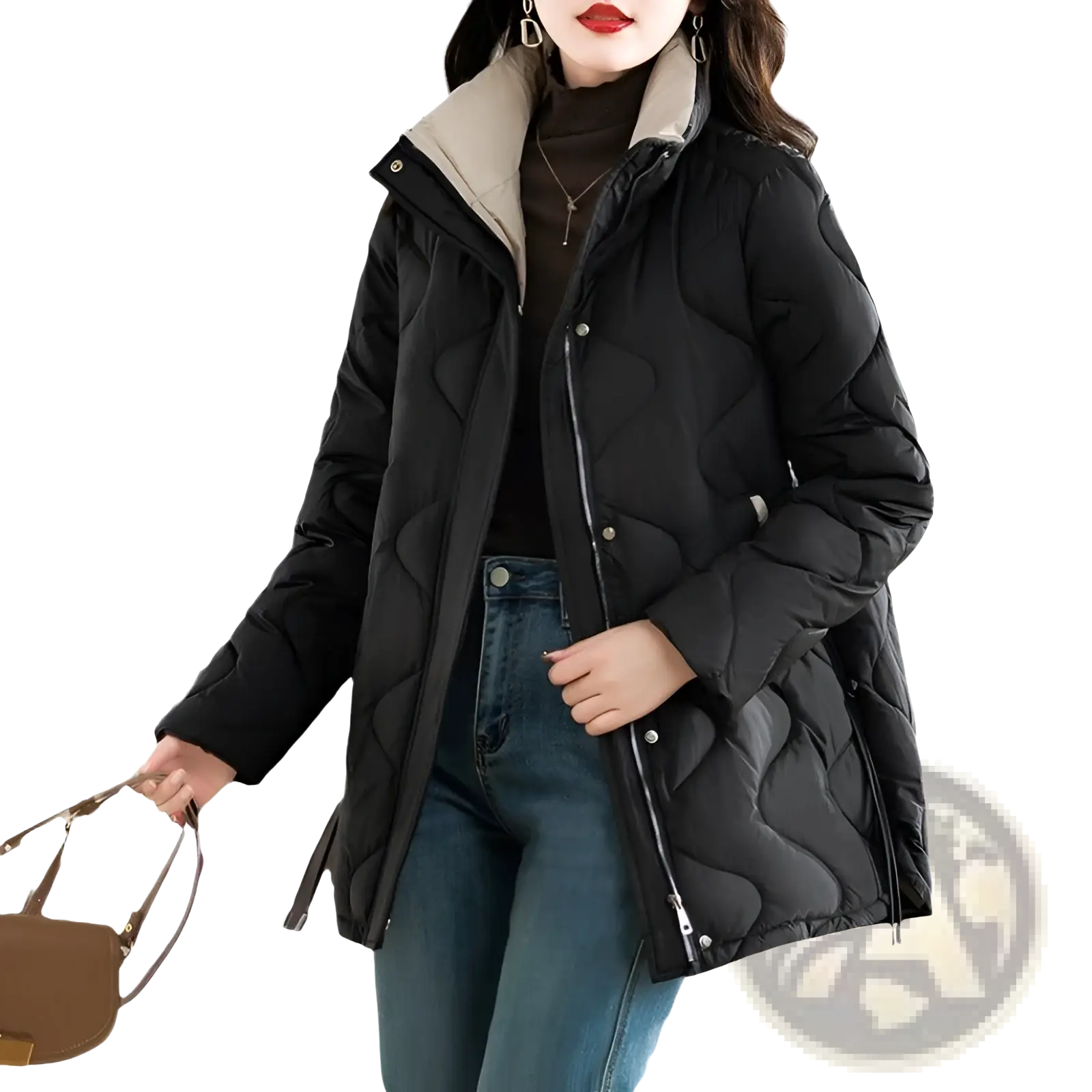 Brown quilted cotton padded winter coat with black quilted puffer exterior beige lining and silver zipper accents