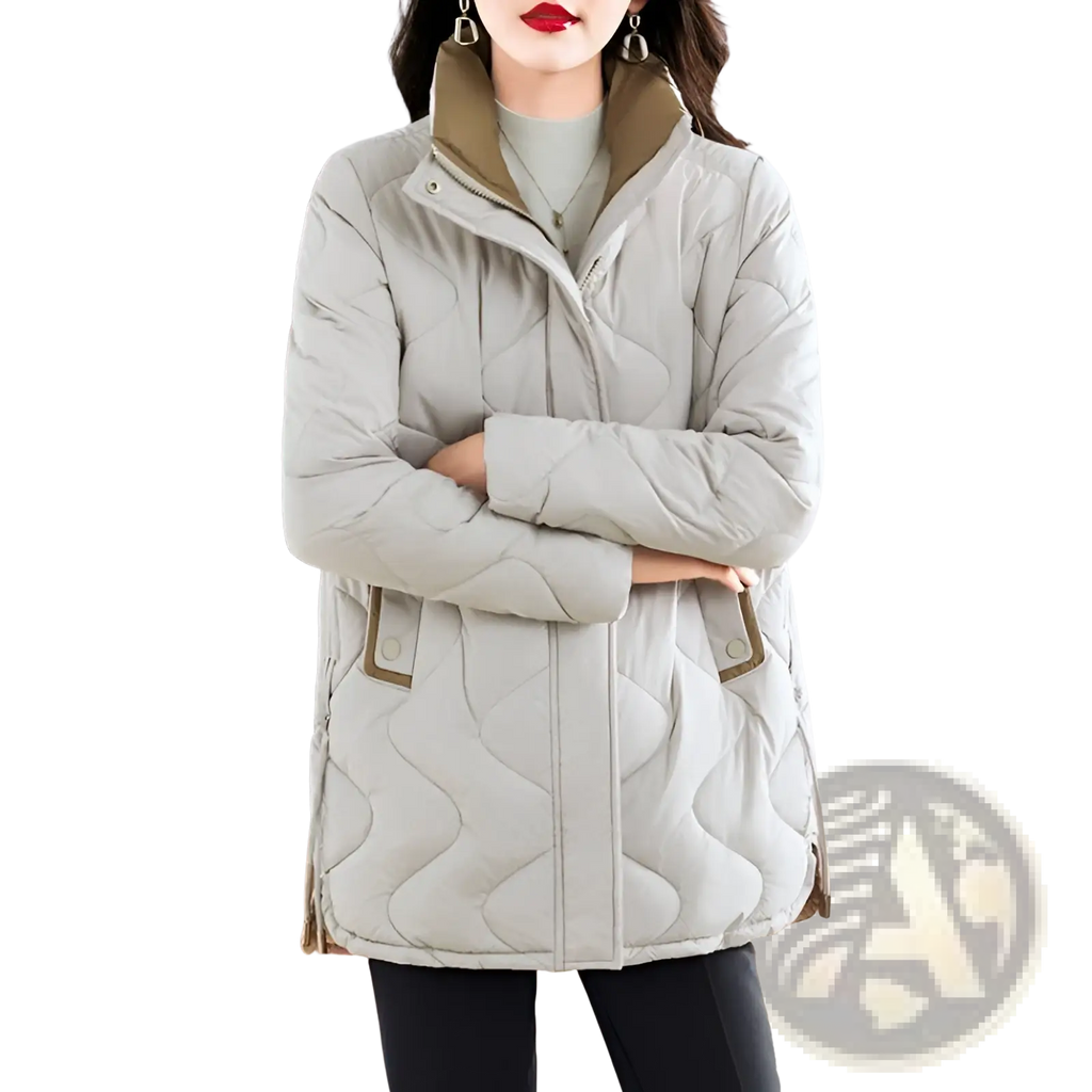 Brown quilted cotton padded winter coat in light gray with tan inner lining and matching pocket trim for cold weather use