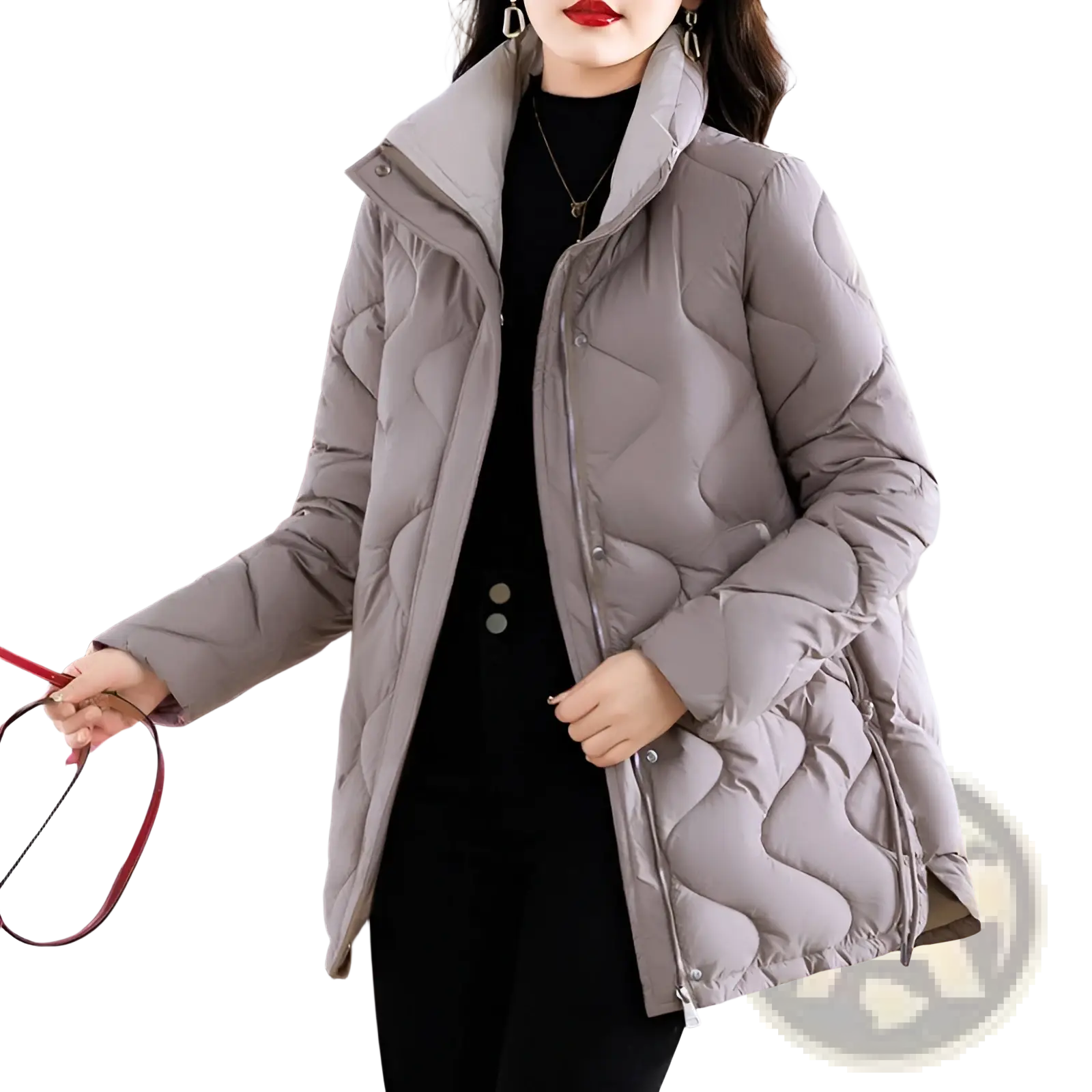 A stylish gray quilted puffer jacket with high collar and front zipper closure in a brown quilted cotton padded winter coat style