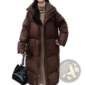 Brown quilted puffer jacket mid length with hood featuring a warm insulated design for cold weather wear