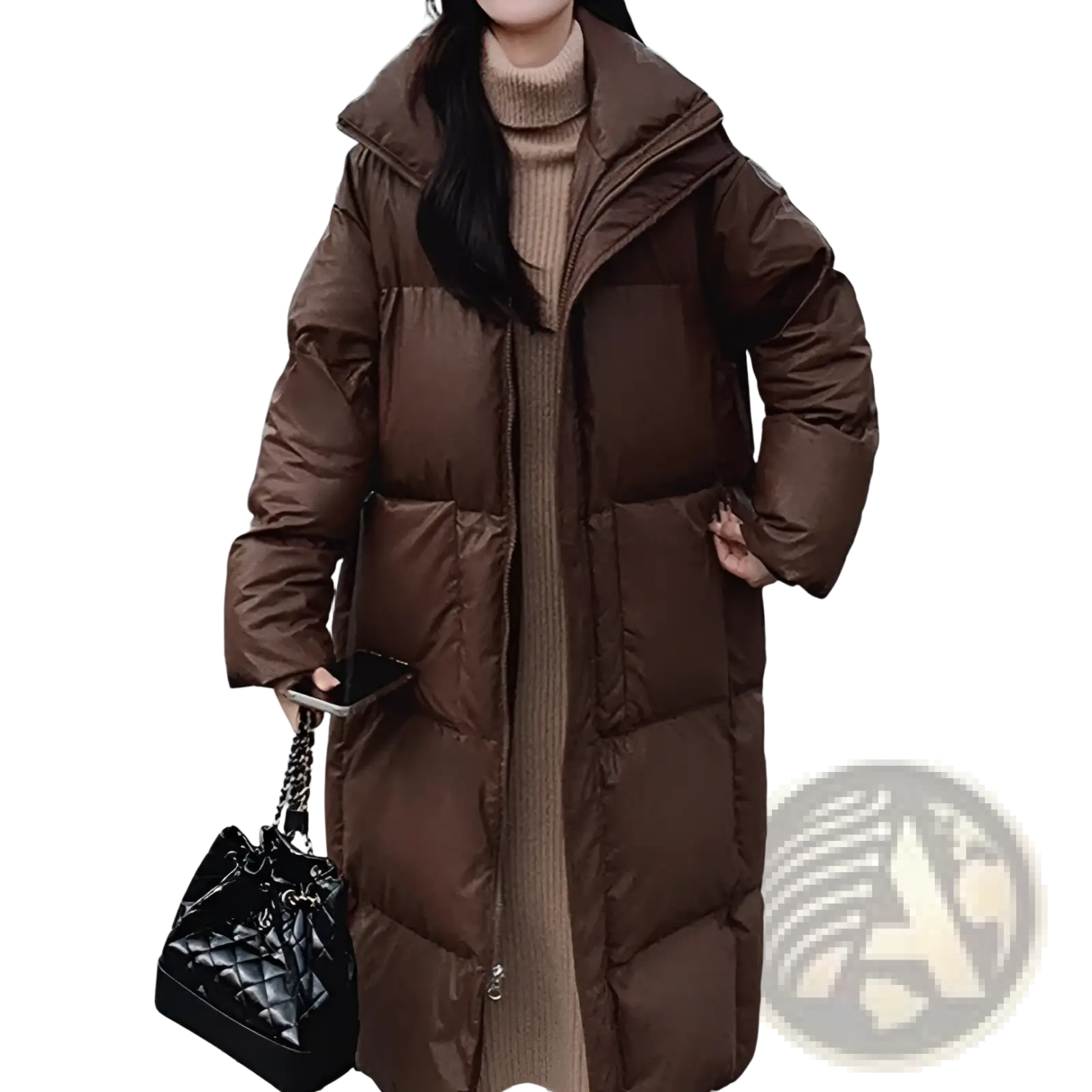 Brown quilted puffer jacket mid length with hood featuring a warm insulated design for cold weather wear