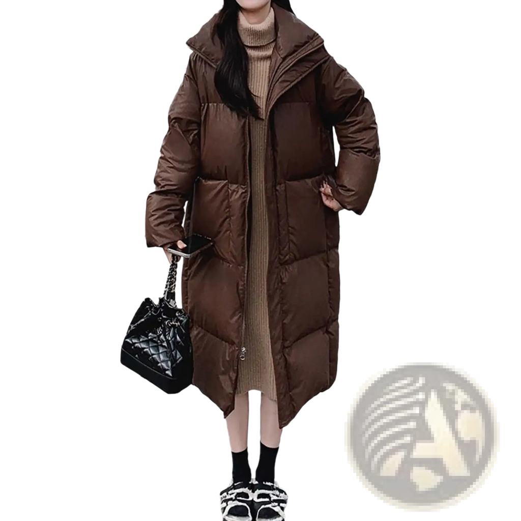 Brown quilted puffer jacket mid length with hood and front pockets made of longline quilted material
