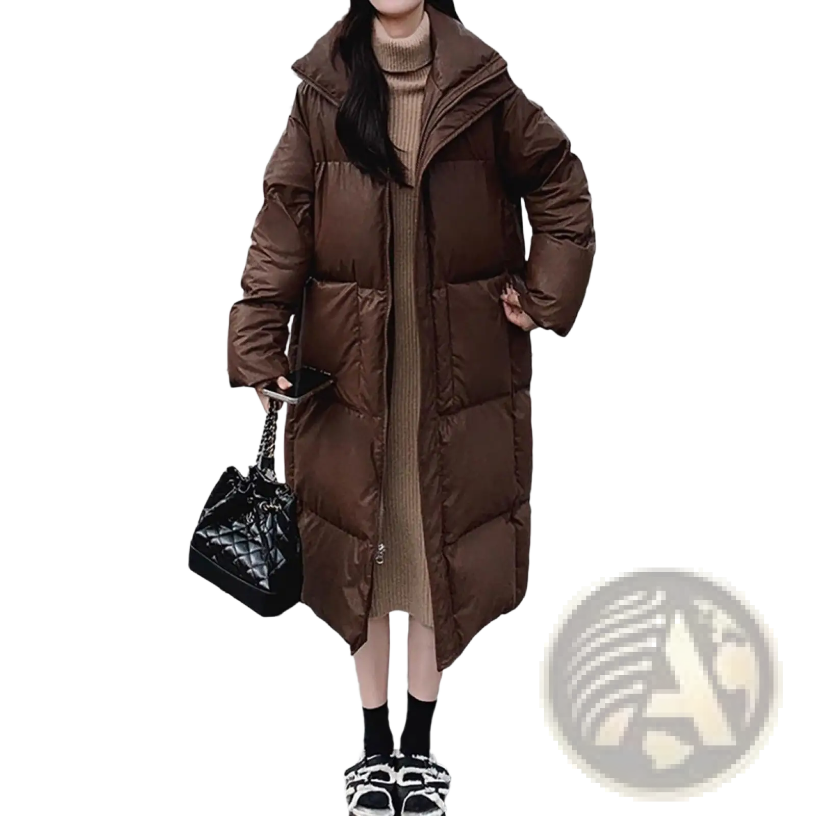 Brown quilted puffer jacket mid length with hood and front pockets made of longline quilted material