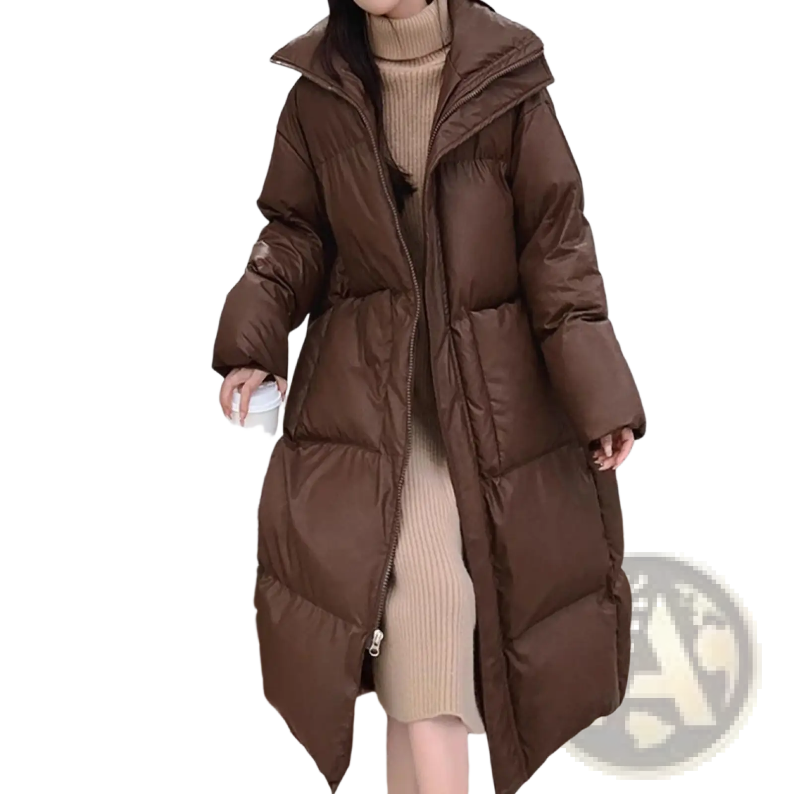 Brown quilted puffer jacket mid length with hood featuring a warm insulated design for cold weather wear