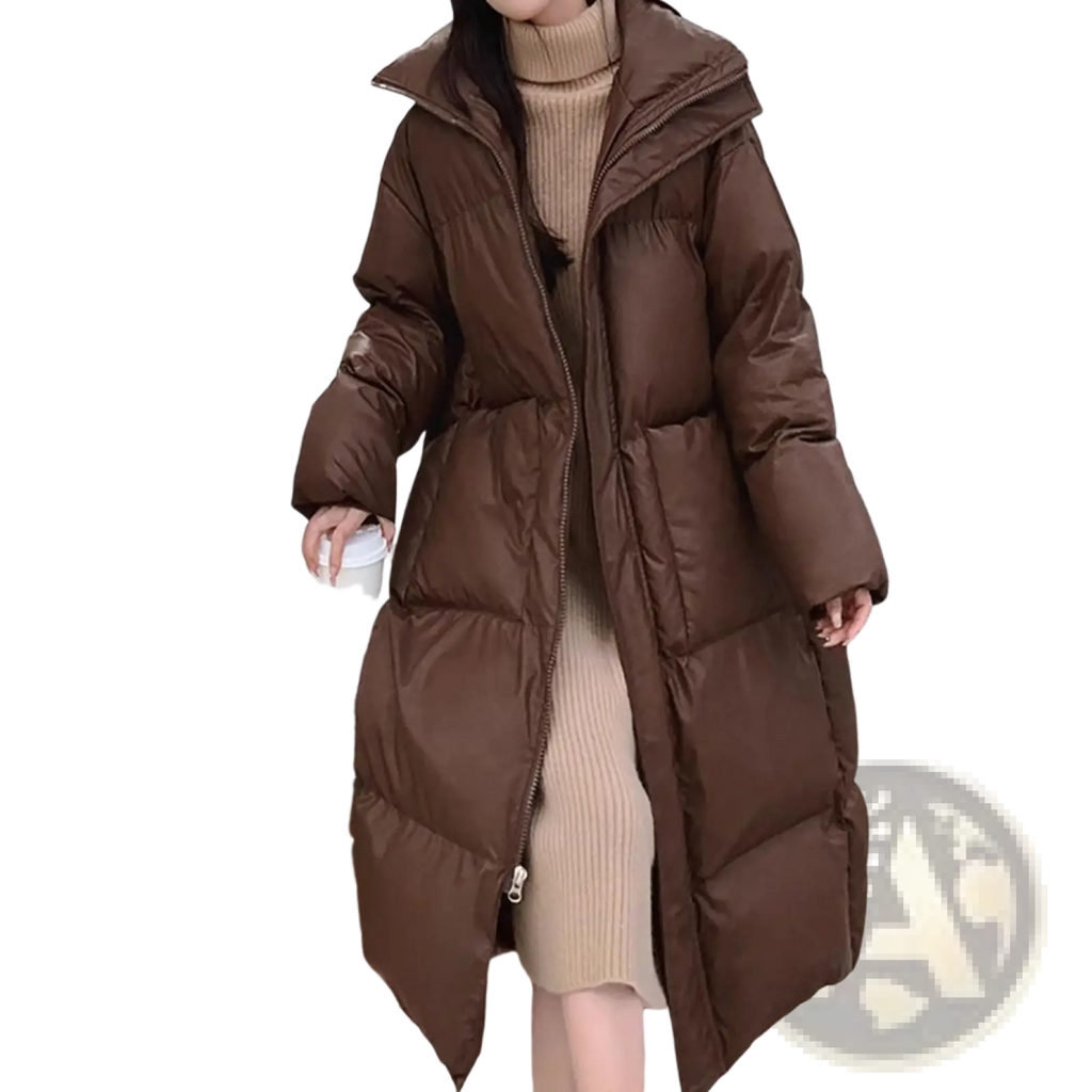 Brown quilted puffer jacket mid length with hood featuring a warm insulated design for cold weather wear