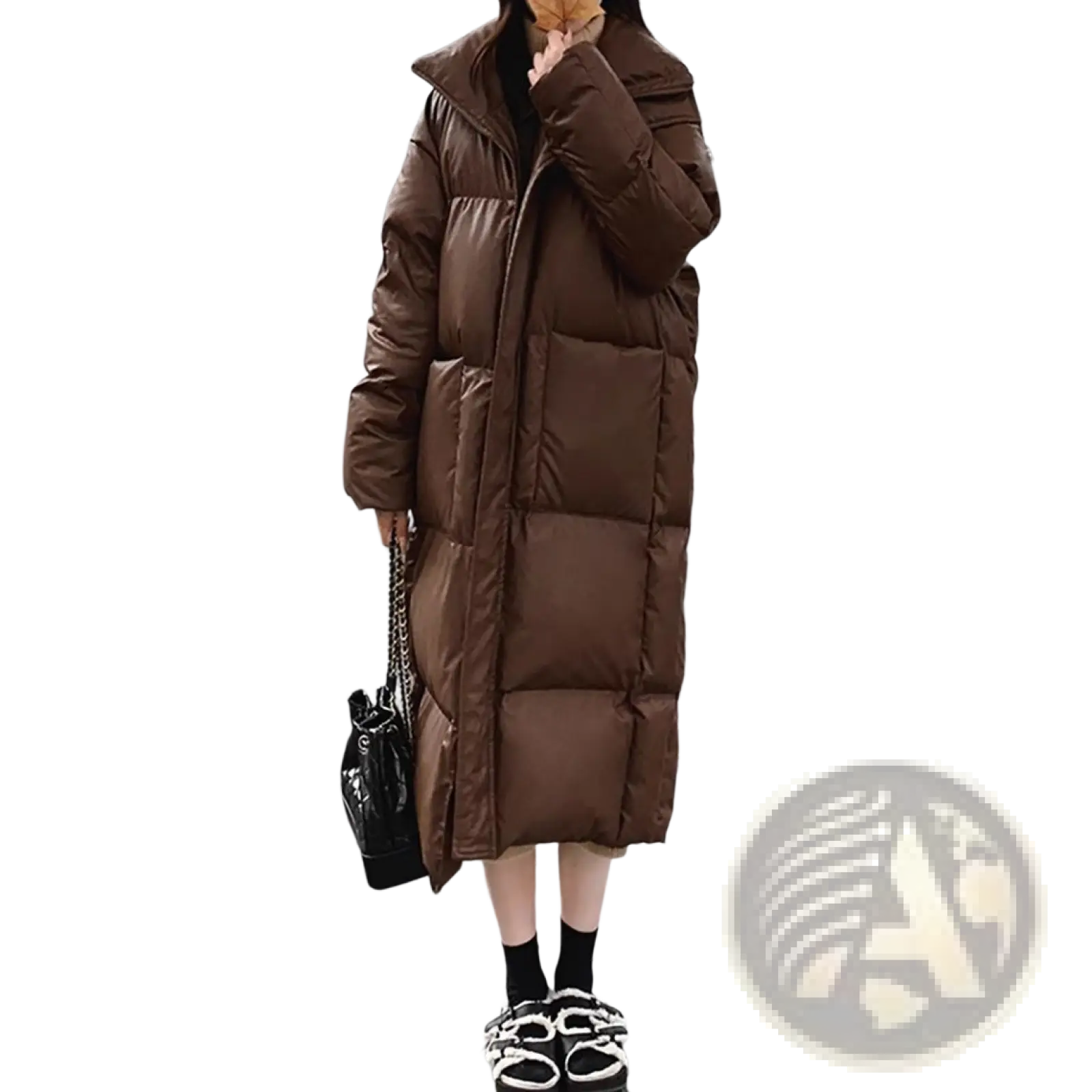 Brown mid length quilted puffer jacket with high collar and hood featuring warm insulated panels