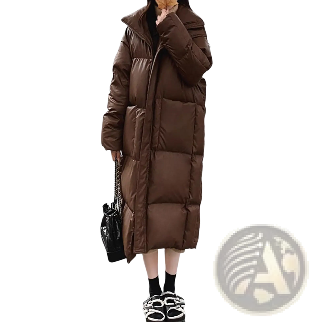 Brown mid length quilted puffer jacket with high collar and hood featuring warm insulated panels