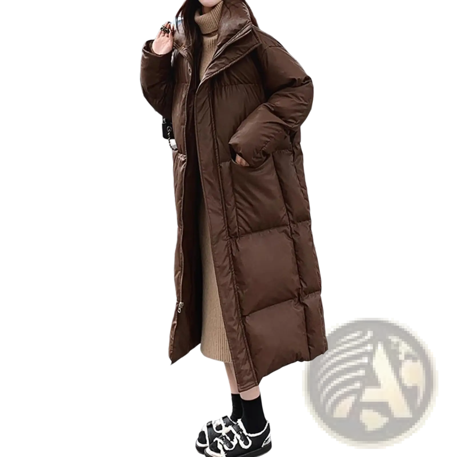 Brown mid length quilted puffer jacket with hood high collar and detailed stitching