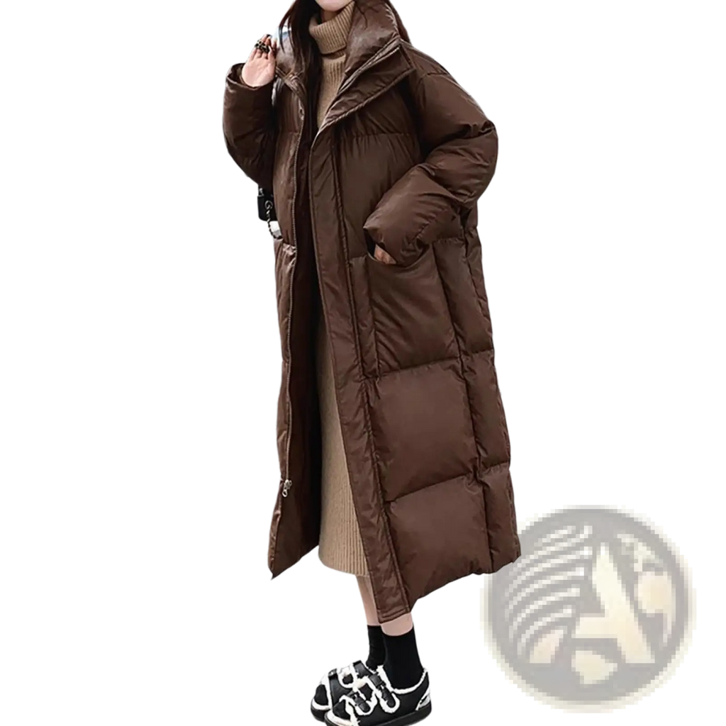 Brown mid length quilted puffer jacket with hood high collar and detailed stitching