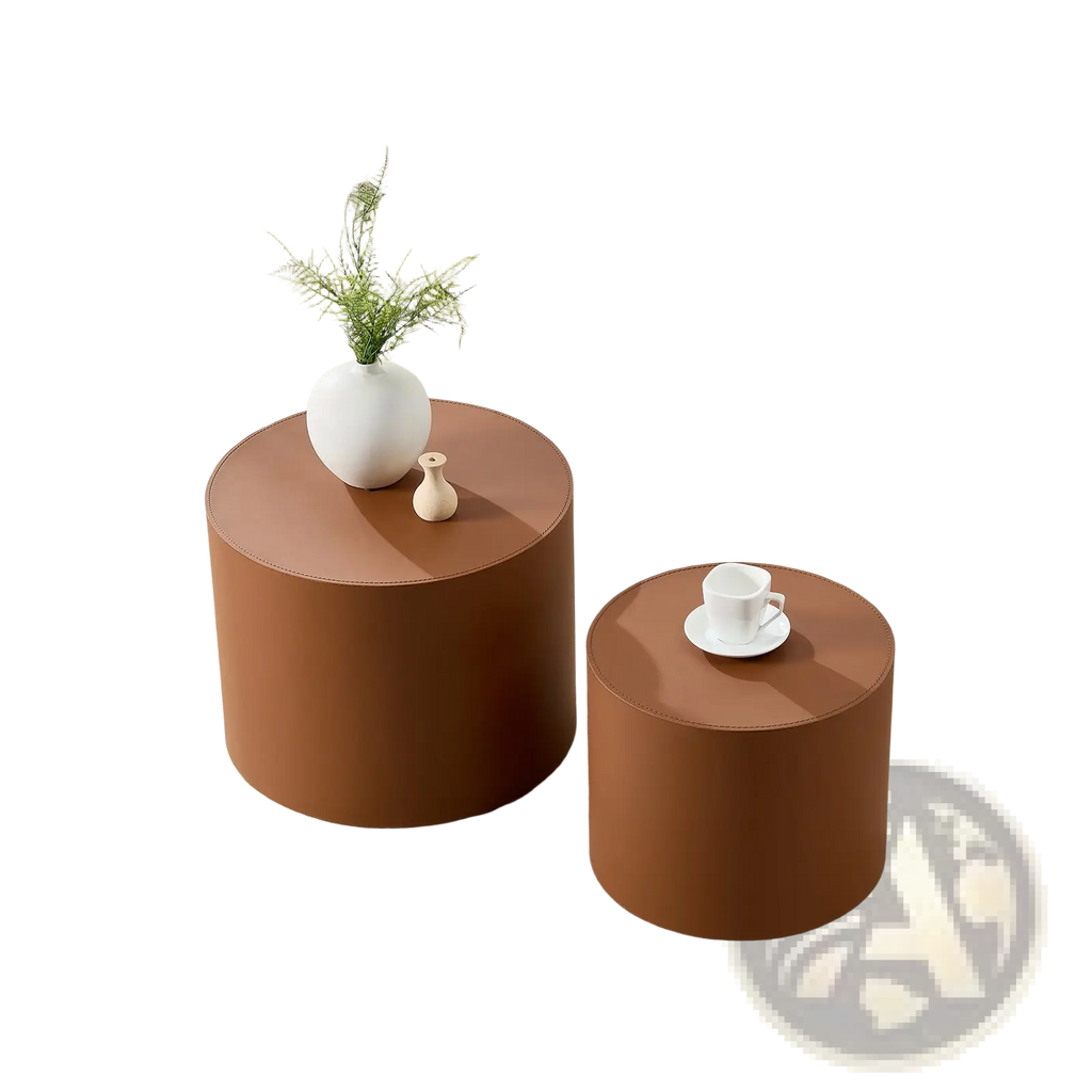 Brown saddle leather cylindrical coffee table set featuring smooth matte-finished side tables in brown tone