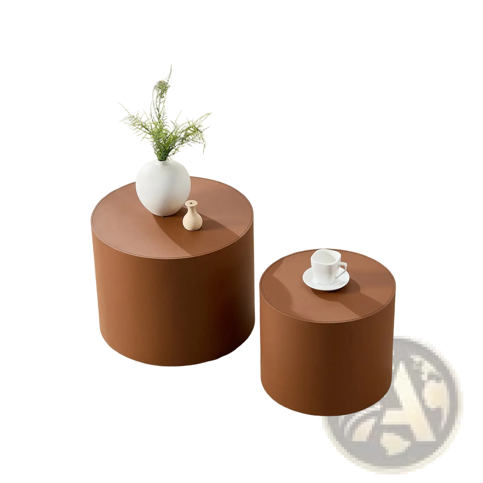 Brown saddle leather cylindrical coffee table set featuring smooth matte-finished side tables in brown tone