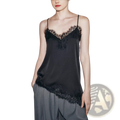 Black lace-trimmed satin camisole top showcasing delicate lace detail and smooth satin fabric for elegant wear