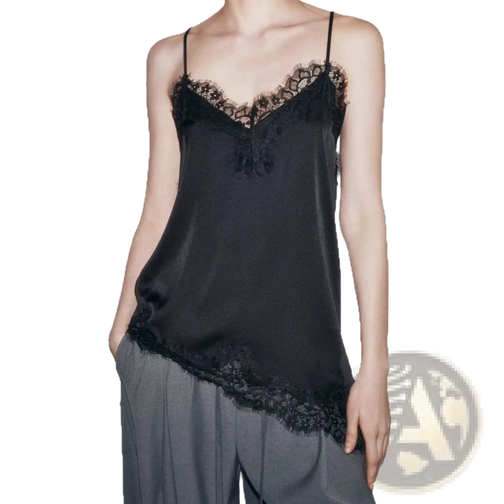 Black satin camisole tank top with delicate lace trim along the neckline and hem for elegant wear