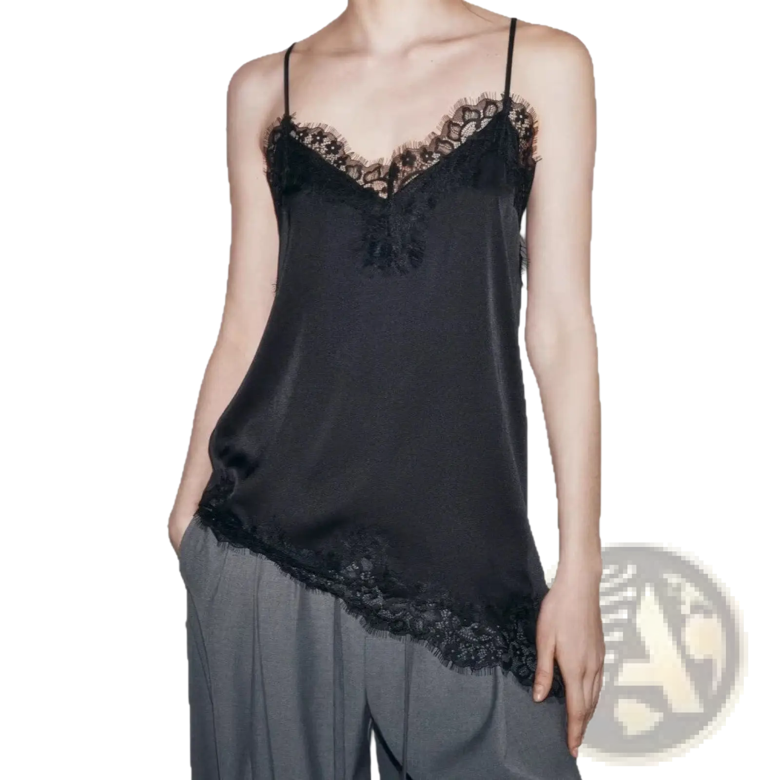 Black satin camisole tank top with delicate lace trim along the neckline and hem for elegant wear