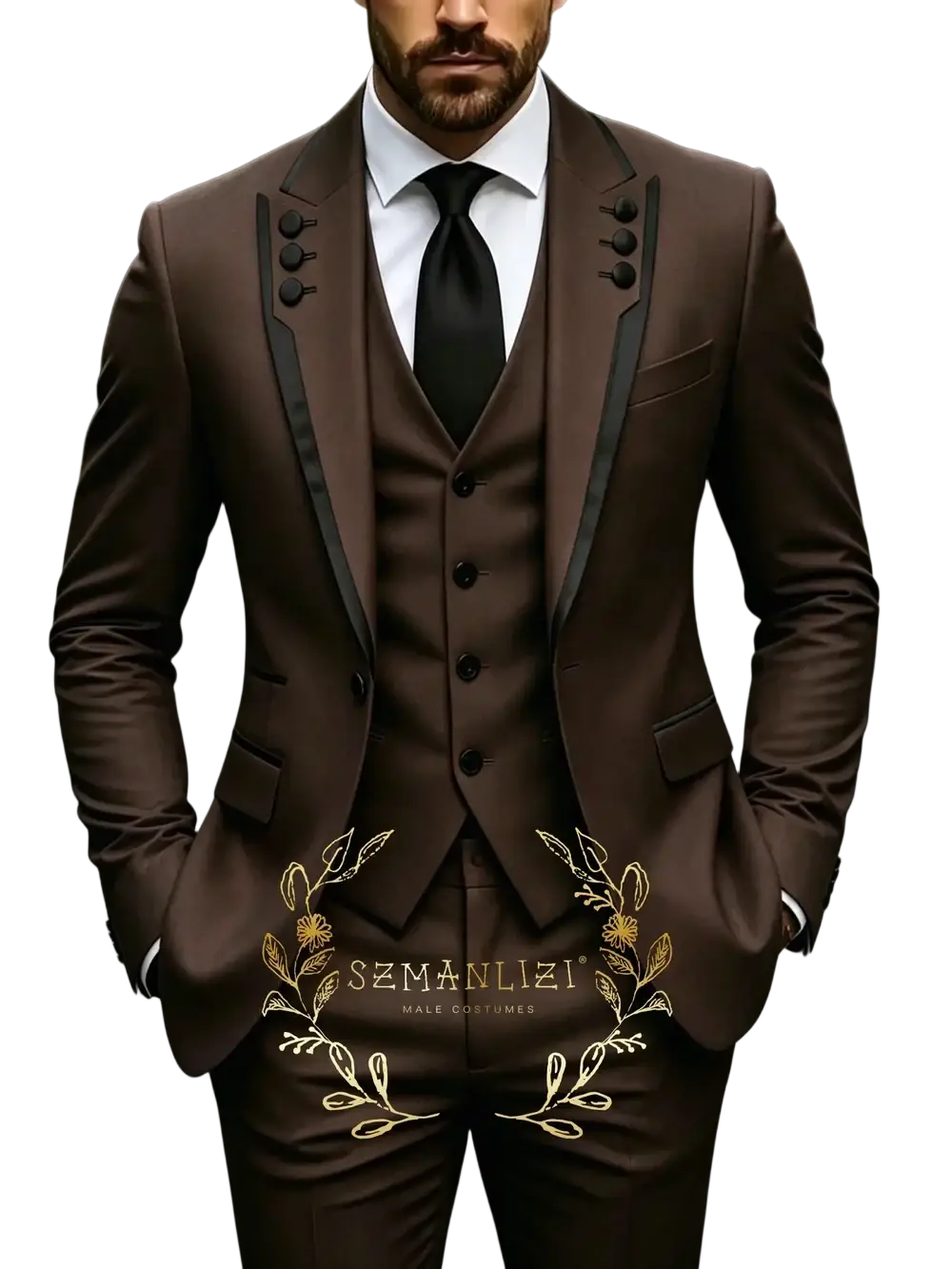 Brown slim fit three piece mens wedding suit tuxedo with black satin lapels and gold embroidery detailing
