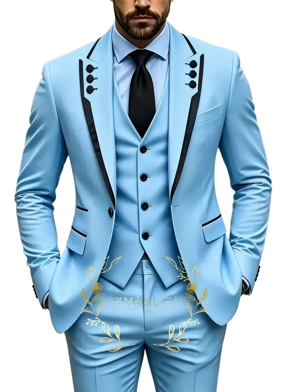Brown slim fit three piece mens wedding suit tuxedo light blue with black trim and gold leaf embroidery