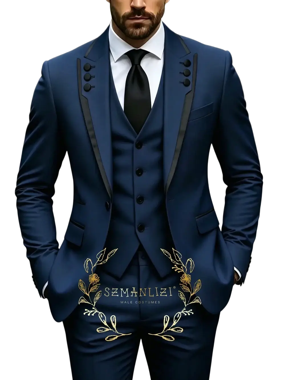 Navy blue three-piece mens wedding suit with black satin lapels and gold floral embroidery on front pockets