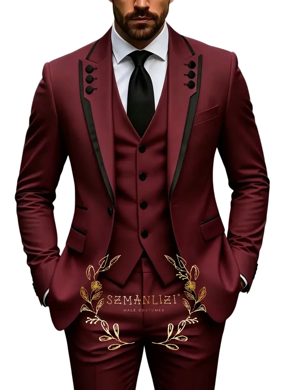 Brown slim fit three piece mens wedding suit tuxedo with rich burgundy fabric black satin trim and gold embroidery
