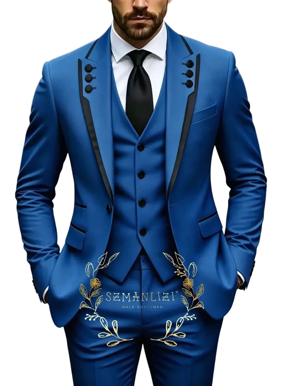 Brown slim fit three piece mens wedding suit tuxedo featuring royal blue fabric with black satin lapels and gold floral embroidery