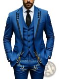 Brown slim fit three piece mens wedding suit tuxedo featuring royal blue fabric with black satin lapels and gold floral embroidery