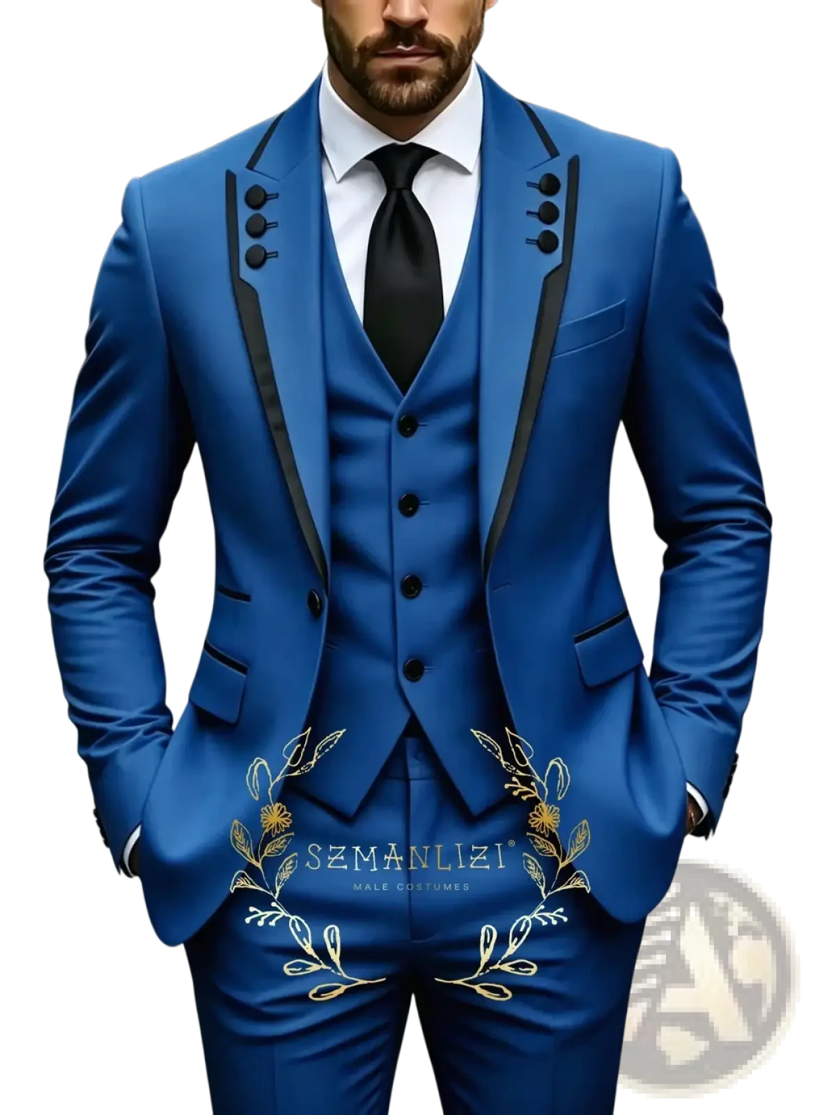 Brown slim fit three piece mens wedding suit tuxedo featuring royal blue fabric with black satin lapels and gold floral embroidery
