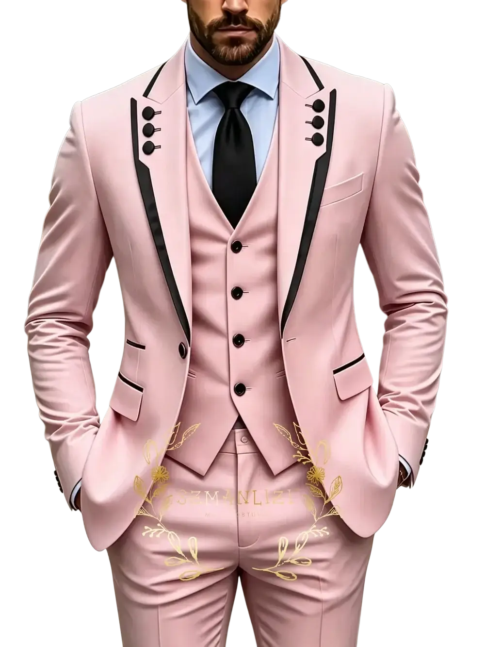 Brown slim fit three piece mens wedding suit tuxedo in blush pink with black satin trim and gold leaf embroidery