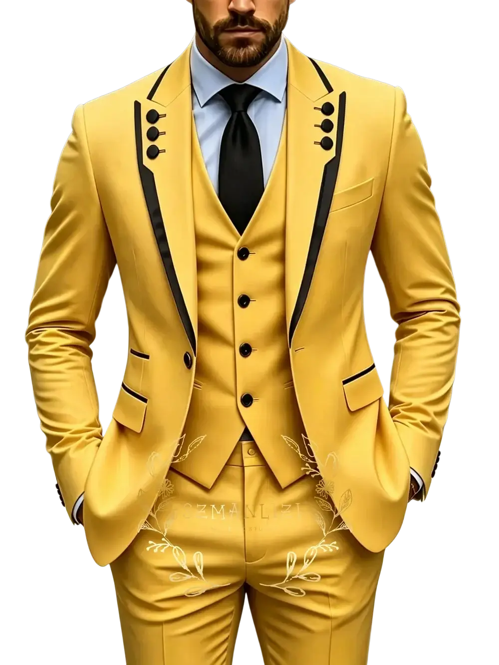 Brown slim fit three piece mens wedding suit tuxedo in vibrant yellow with black satin trim and white floral embroidery