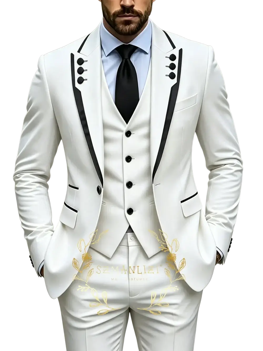 White three-piece mens suit with black trim and gold leaf embroidery for formal weddings and events