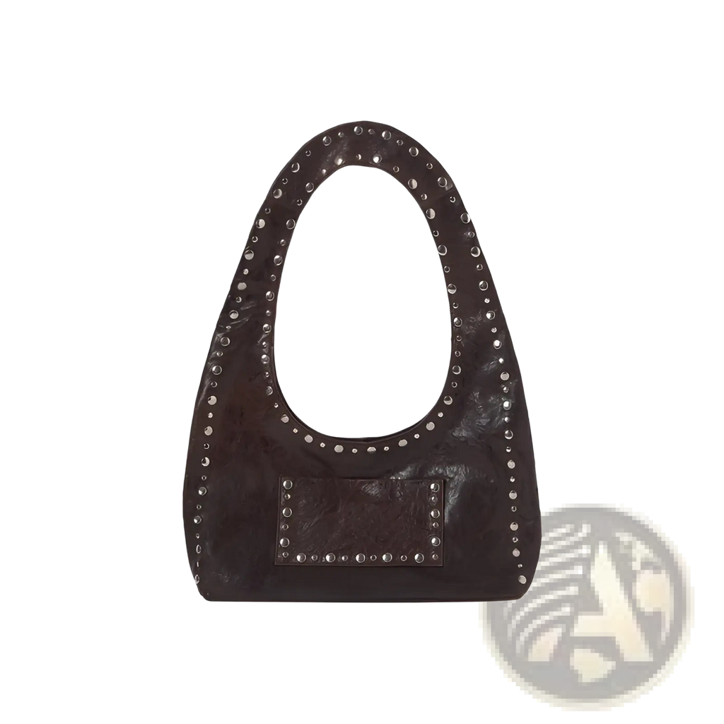 Brown studded leather shoulder bag with dark brown hobo design and silver-toned studs on handle and front patch