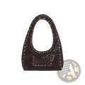 Brown studded leather shoulder bag with dark brown hobo design and silver-toned studs on handle and front patch