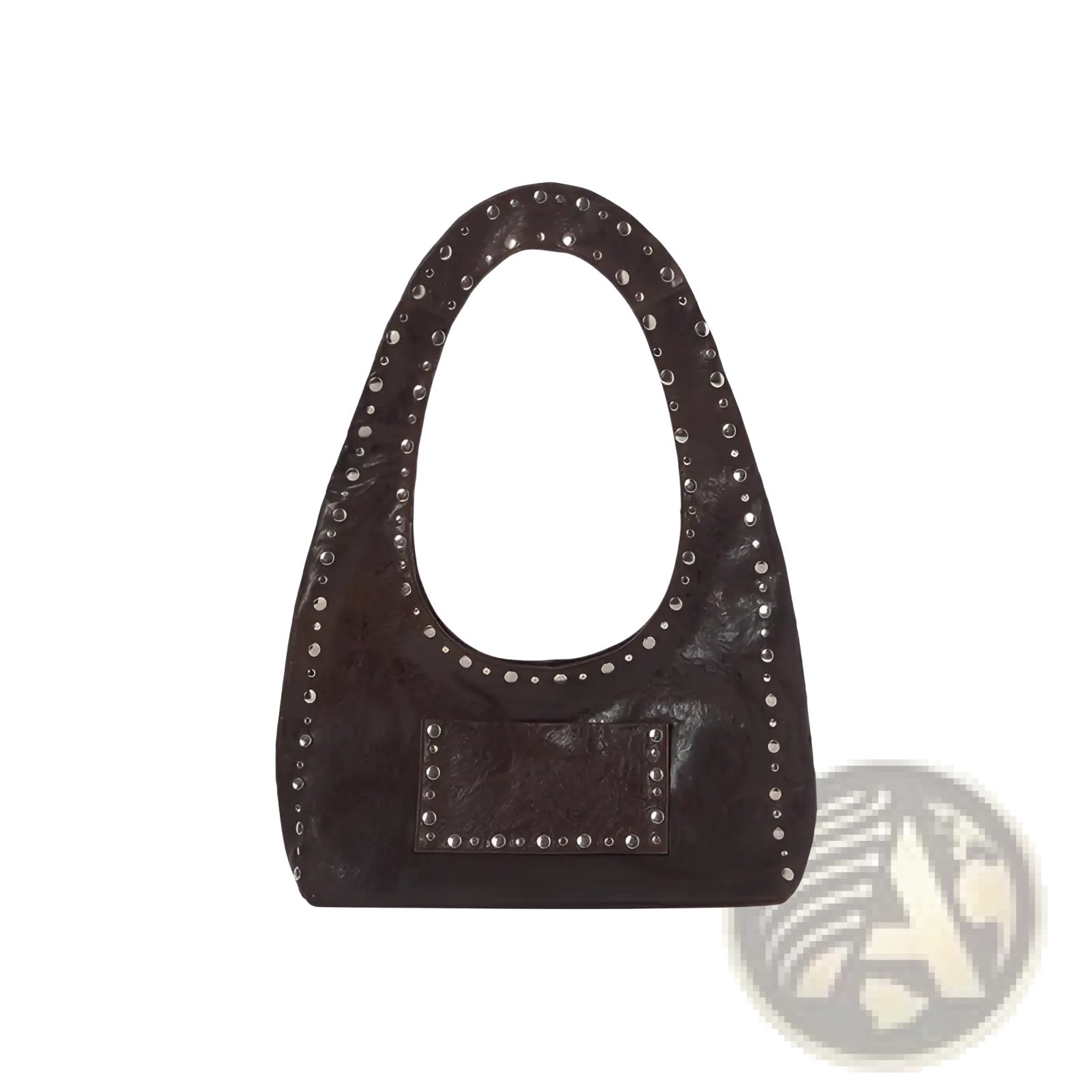Brown studded leather shoulder bag with dark brown hobo design and silver-toned studs on handle and front patch